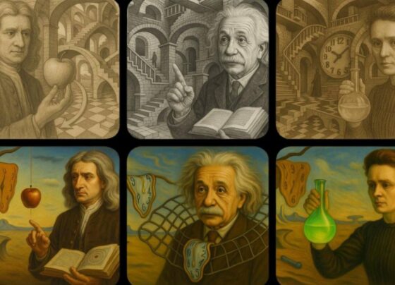Einstein, Newton y Marie Curie en los universos de Escher y Dalí con la nueva función de ChatGPT: así imagina la IA la mente de estas grandes personas de la física